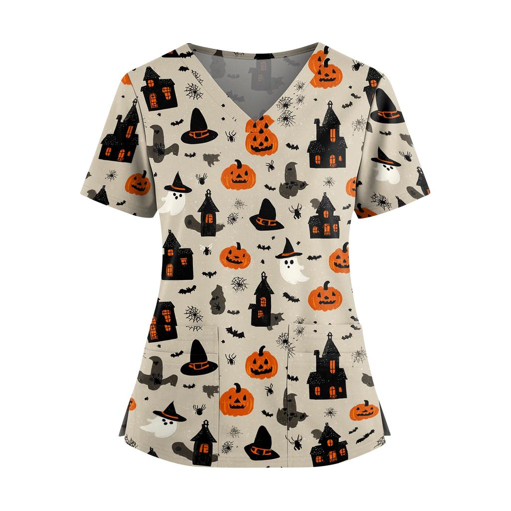 Women's V Neck Short Sleeve Medical Scrub Top with Double Pockets Side Slit Hem Halloween Print Nurse Uniform Shirt