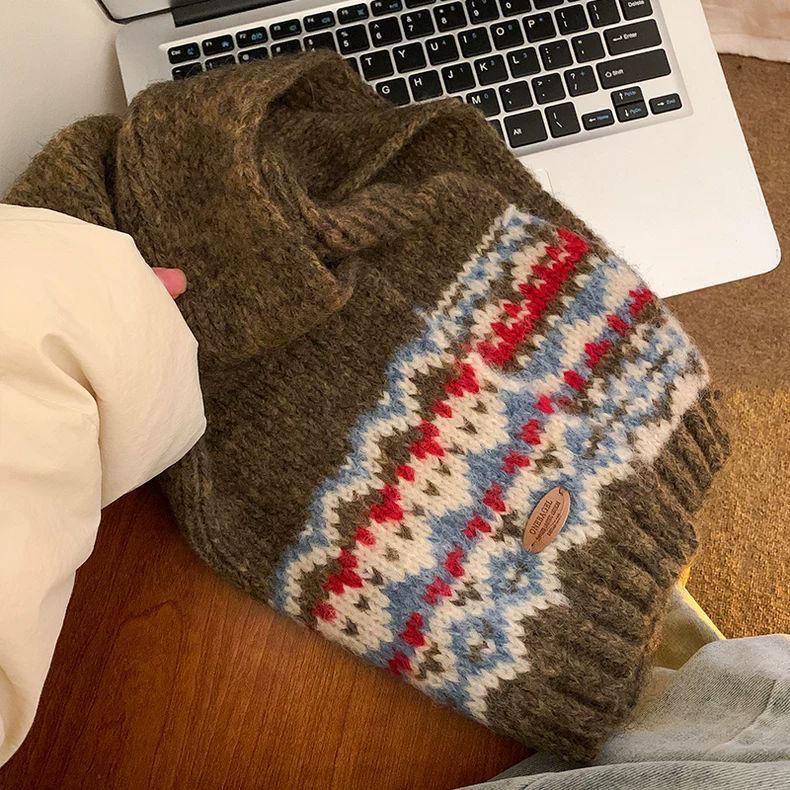 Fair Isle Green Knitted Wool Scarf Women's Winter Christmas Atmosphere Thickened Versatile Warm Cold-Proof Neck Warmer