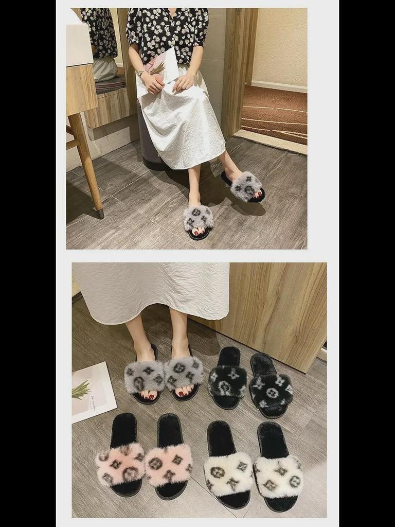 Autumn/Winter Women's Fur & Cotton Suede Slippers - Cross-Color Flat Home Wear.