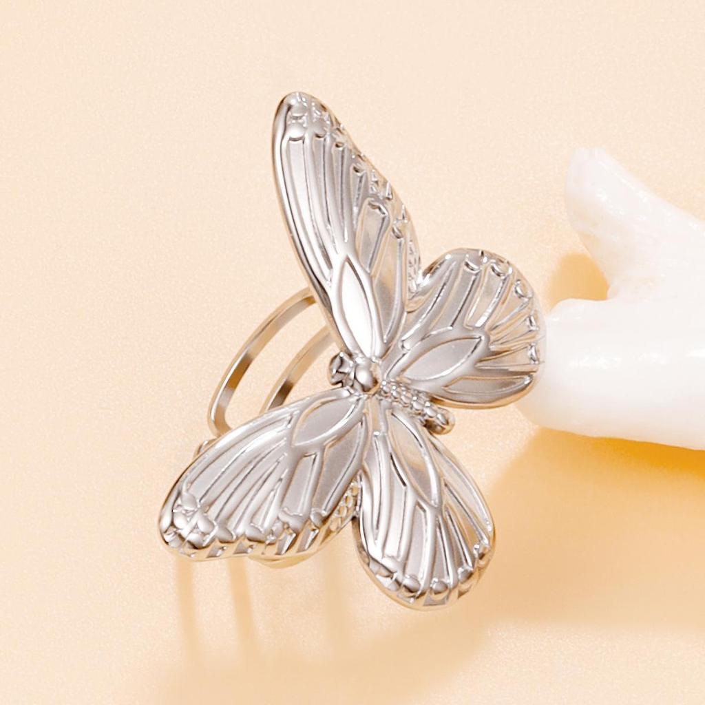 Stainless Steel Retro Elegant Butterfly Ring - Adjustable, Exaggerated Index Finger Design for Women