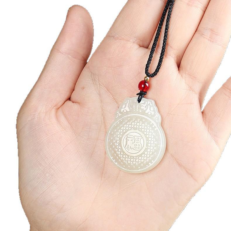 White Ice Fu Character Pendant - Natural Water Jade Necklace, Ping An Jewelry, Jade Pendant Sweater Chain