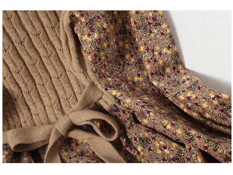 Trendy Autumn/Winter Korean Style Slimming Patchwork Tie-Up Knit Long Dress with Corduroy Floral Print