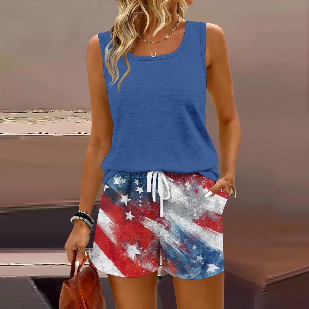 Women Summer Casual Two Piece Set Sleeveless Tank Top Square Neck Athletic Vest with Pockets and Drawstring Waist Shorts