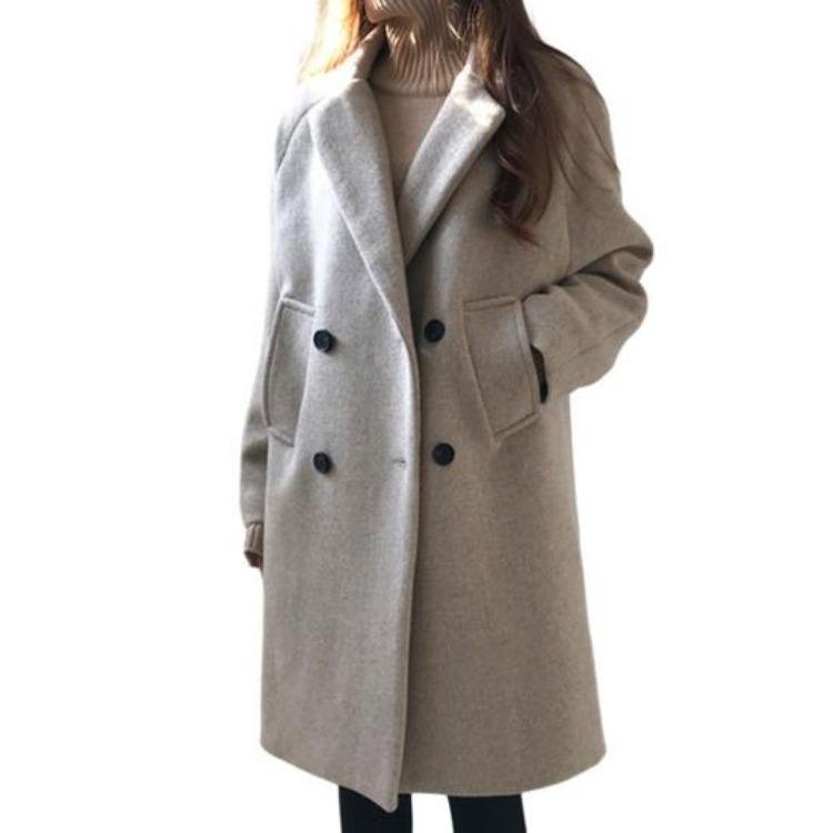 

Plus Size Women Winter Coat Double Breasted Thick Lapel Mid Length Jacket Long Sleeve Solid Color Loose Pockets Fall M бежевий