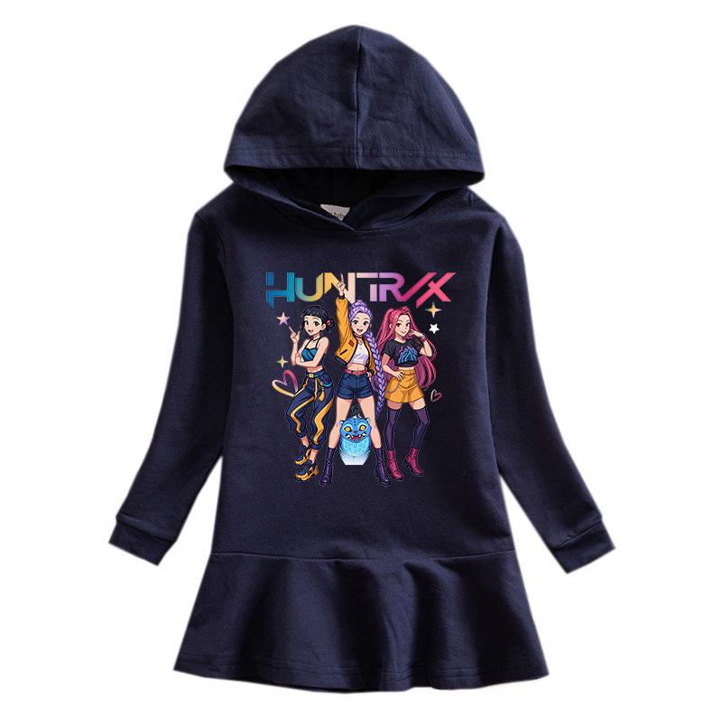 Kpop Monster Hunter Girl Group Ruffle Cartoon Rainbow Long Sleeve Hooded Princess Dress for Kids