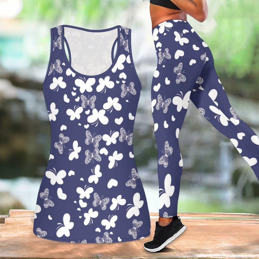Butterfly Print Yoga Outfit for Women Fashion Workout Leggings Fitness Sports Casual Yoga Set Sports Suit