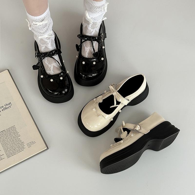Vintage Mori College Style Leather Shoes Pearl Temperament Single Shoes Autumn Wear Lace-up Women Mary Jane Shoes Loafers