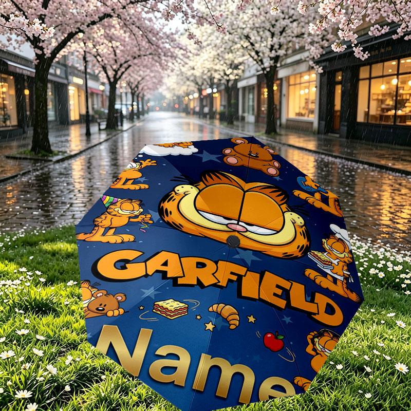 Personalisierter Garfield-Druckschirm mit individuellem Namen, Automatisches Öffnen und Schließen, Stabiler 8-Rippen-Rahmen, Für Pendeln, Camping, Wandern, Geburtstagsgeschenk