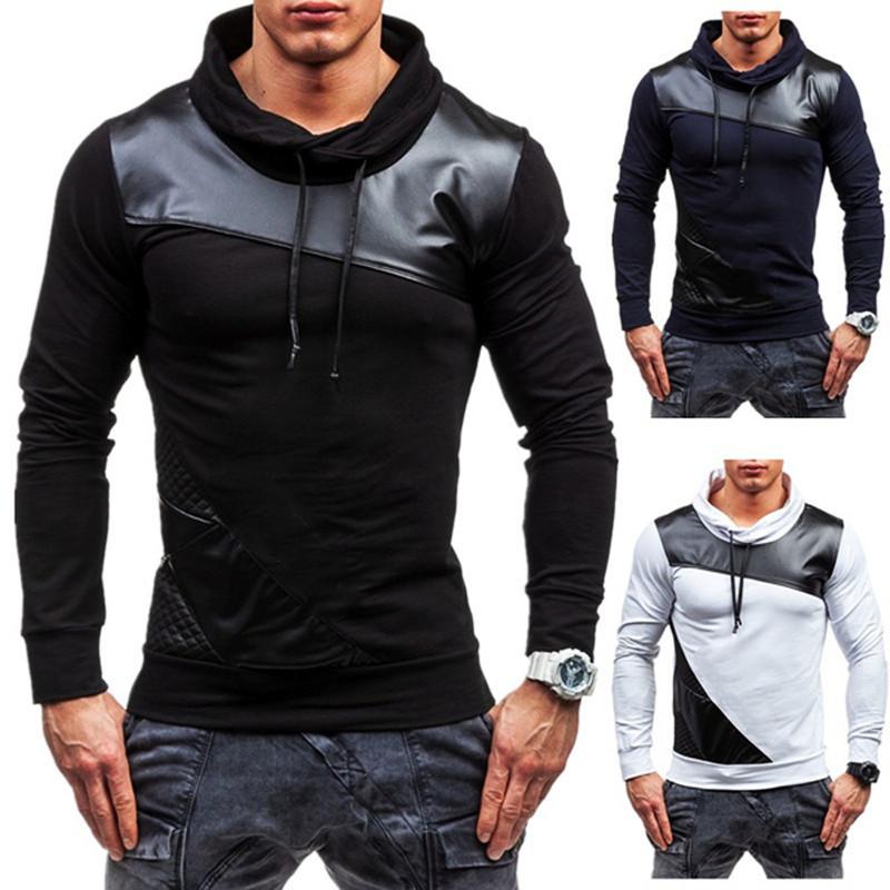

Мужчины Кожа Пэчворк Толстовка Slim Fit с длинным рукавом Мужские толстовки