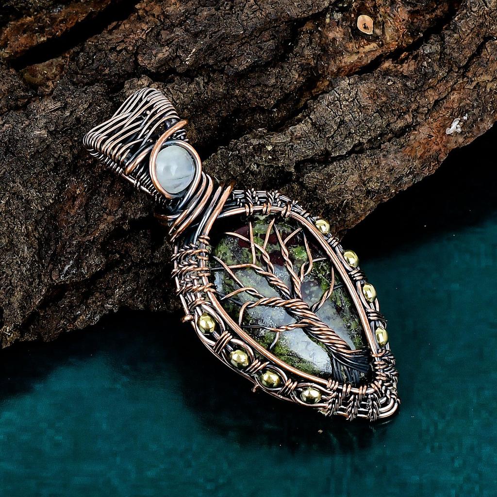 Dragon Bloodstone Pendant Moonstone Jewelry Copper Wire Wrapped Pendant Handmade Gemstone Jewelry Gift for Her Antique Tree of Life Pendant