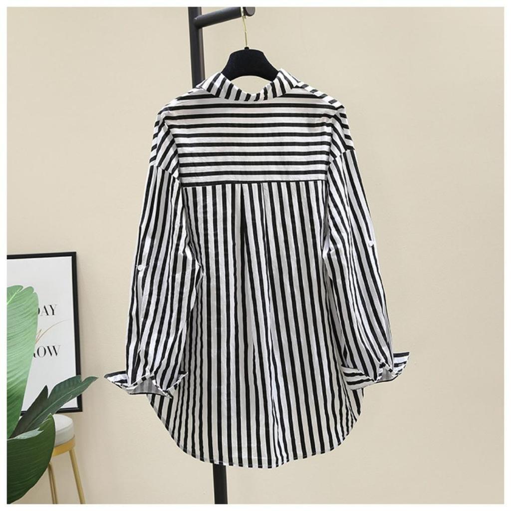 Frühling und Sommer Langarmshirt Damenmode Lässig Vertikal gestreift Locker geschnittenes Hemd Damen