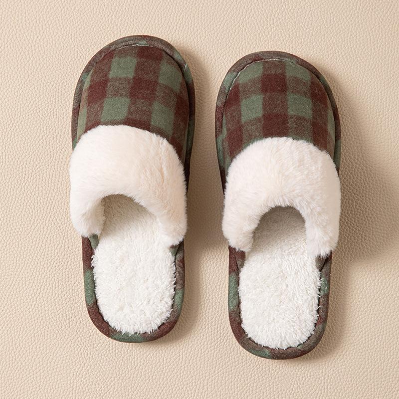 Retro plaid cotton slippers men's winter indoor home non-slip thick-soled plush warm cotton slippers women's winter