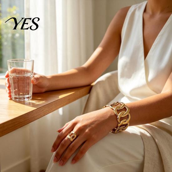 Daily Wear Jewelry Set 2Pcs Hollow Twisted Statement Set, Open Adjustable Cuff Bangle Women Bracelet Ring Sets & Wide Ring, Golden Plated Metal