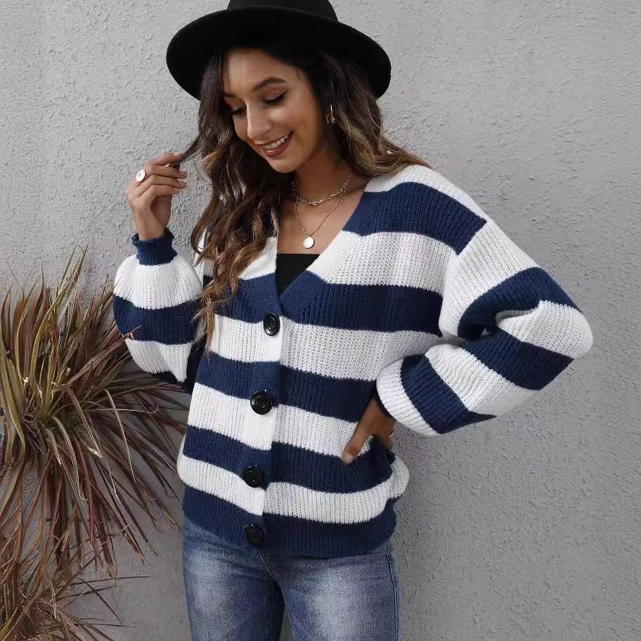 Cardigan de Toamnă/Iarnă pentru Femei, Dungi Contrastante, Nasturi, Patchwork, Pulover Tricotat
