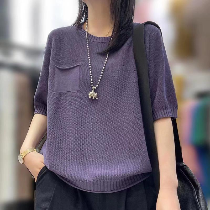 

Летний новый пуловер с большим круглым вырезом, с коротким рукавом, вязаная футболка, свободная повседневная футболка, тонкая одежда для мамы среднего возраста 3XL фиолетовый