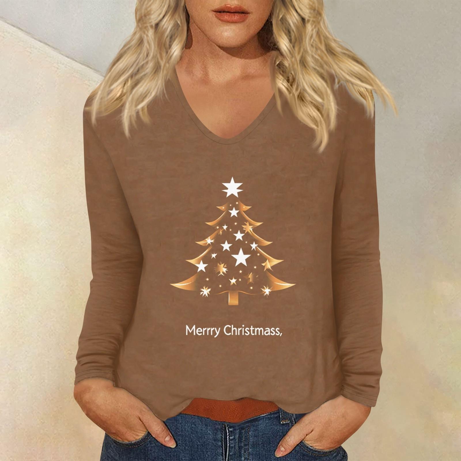 

Женский повседневный повседневный топ с длинными рукавами и рождественским принтом и V-образным вырезом XL