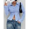 DAFIFY Women's Fashion Casual Spring Autumn Stripe Print Long Sleeve POLO Neck Blouses & Shirts