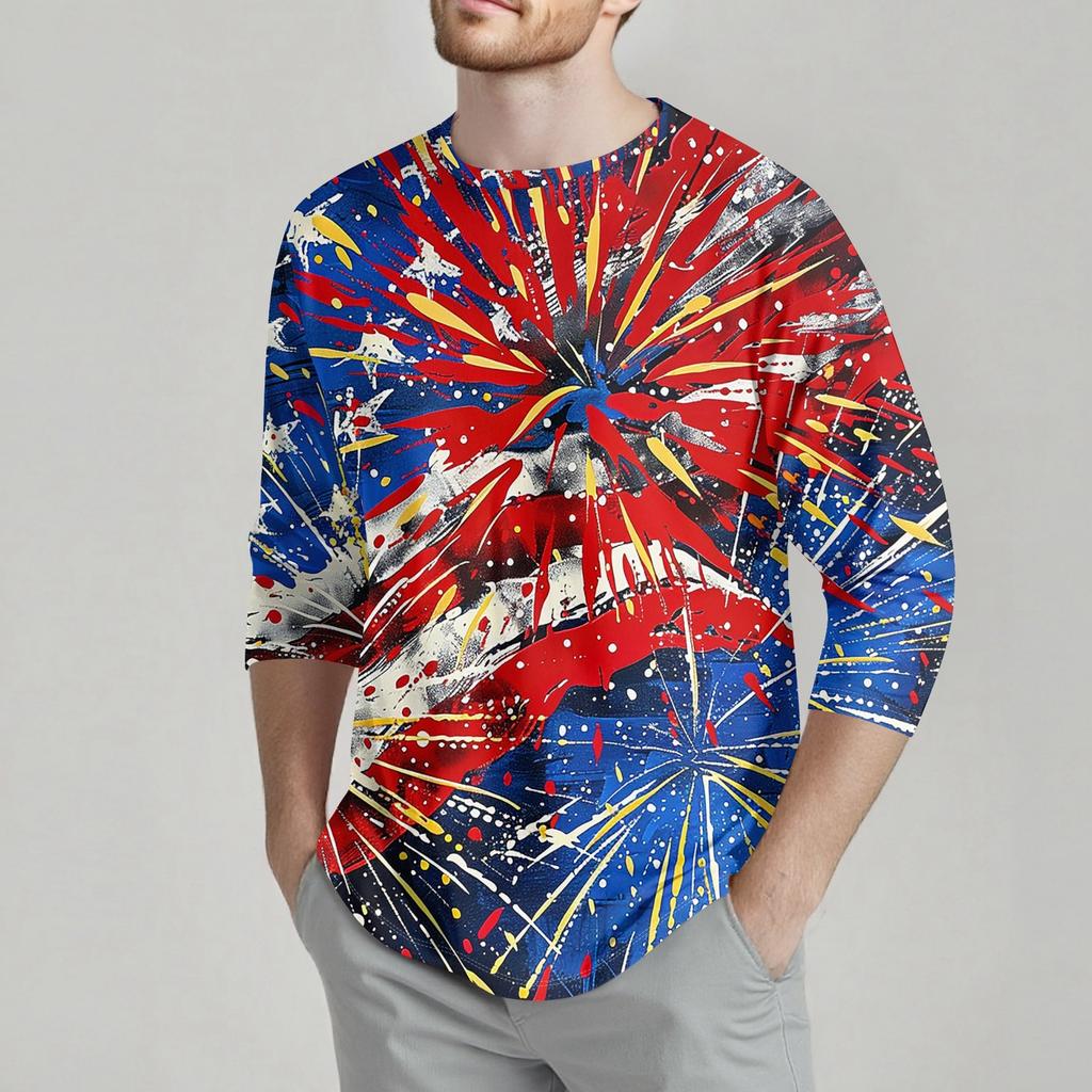 Men's Fashion Casual Independence Day Print Neck Seven-point Sleeve Top T-shirt