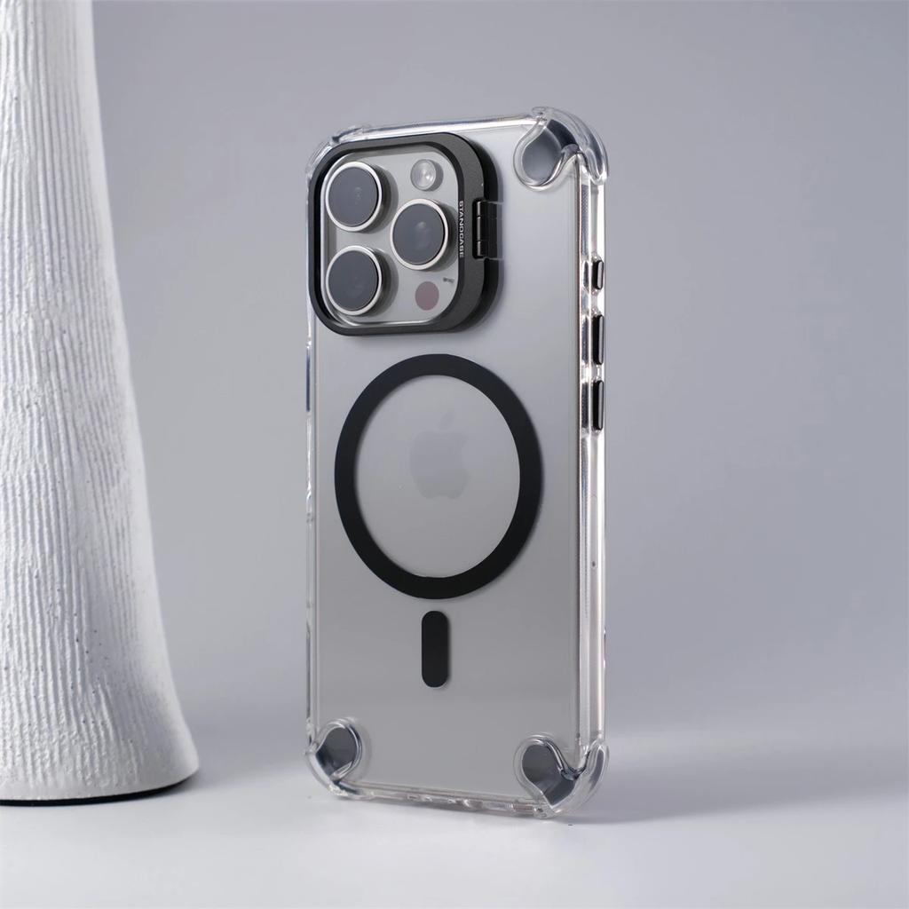 Alloy Camera Stand Holder for Magsafe Phone Case For iPhone 16 Pro Max 15 Pro 14 13 12 11 Airbag Anti-fall Clear Acrylic Cover