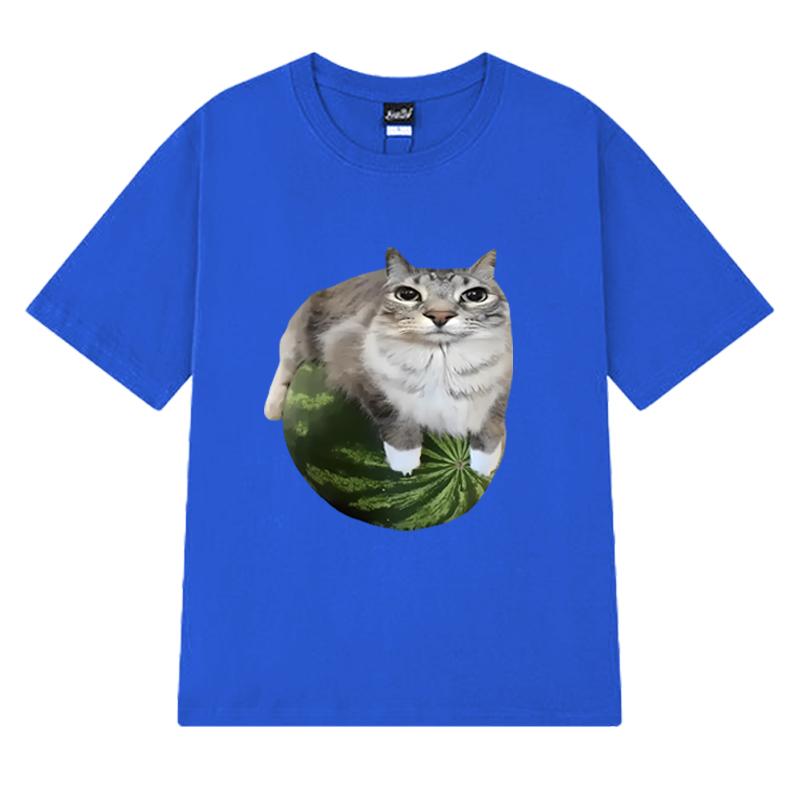 Funny Watermelon Cat Silly Cat Meme Printed T Shirt 2025 New Men Women Oversized Short Sleeve T-shirts Unisex 100% Cotton Tops