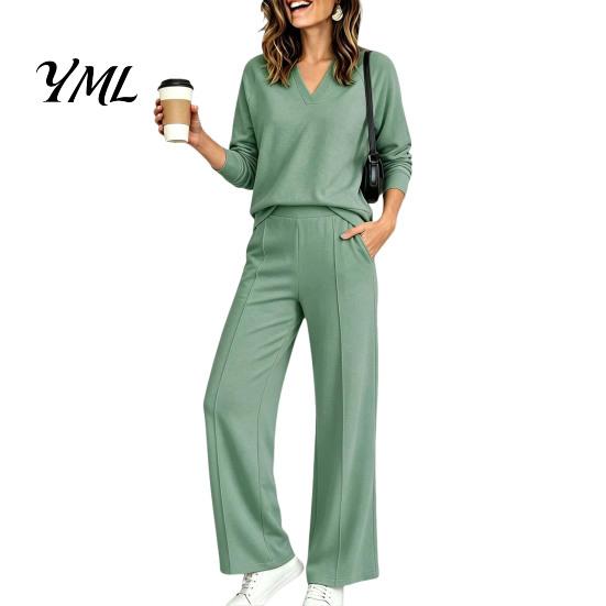 Solid Color Matching Sets Women Sweatshirt Pants 2-Piece Set, V-Neck Long Sleeve Top & Wide Fabric Fitness Clothing Leg Trousers with Elastic
