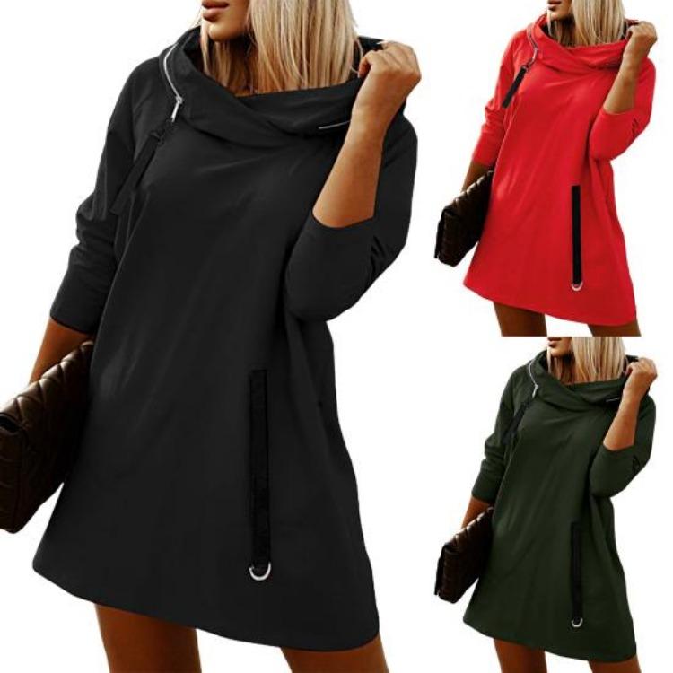 Plus Size Women Winter Warm Hooded Zipper Pullover Long Sleeve Casual Plush Hoodie Solid Color Strap Decor Design