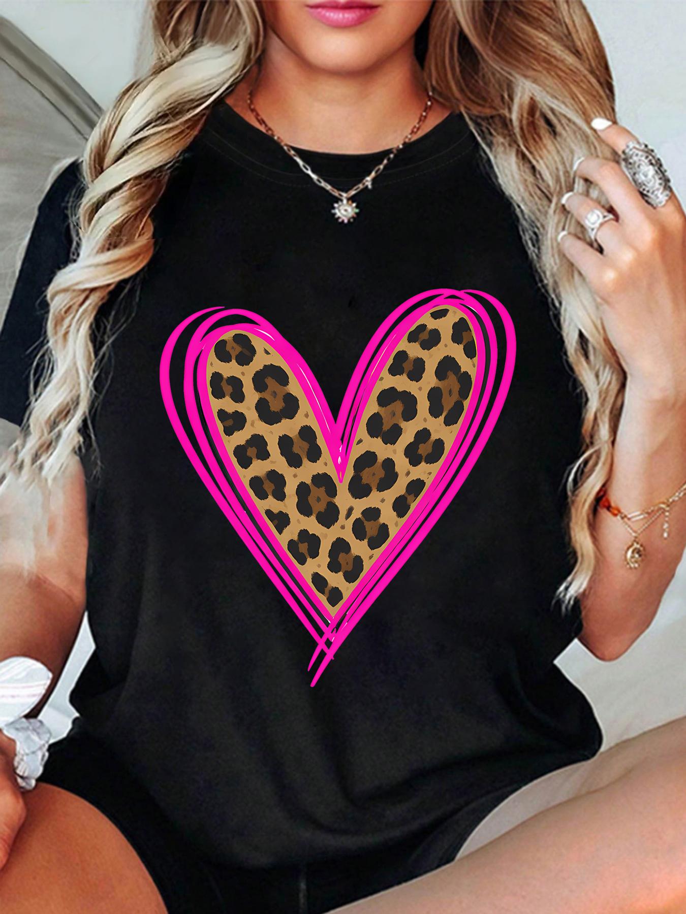 2026 Leopard Print Heart Print Plus Size Women s Round Neck Summer Casual Short Sleeved Street Fashion Versatile T-shirt S