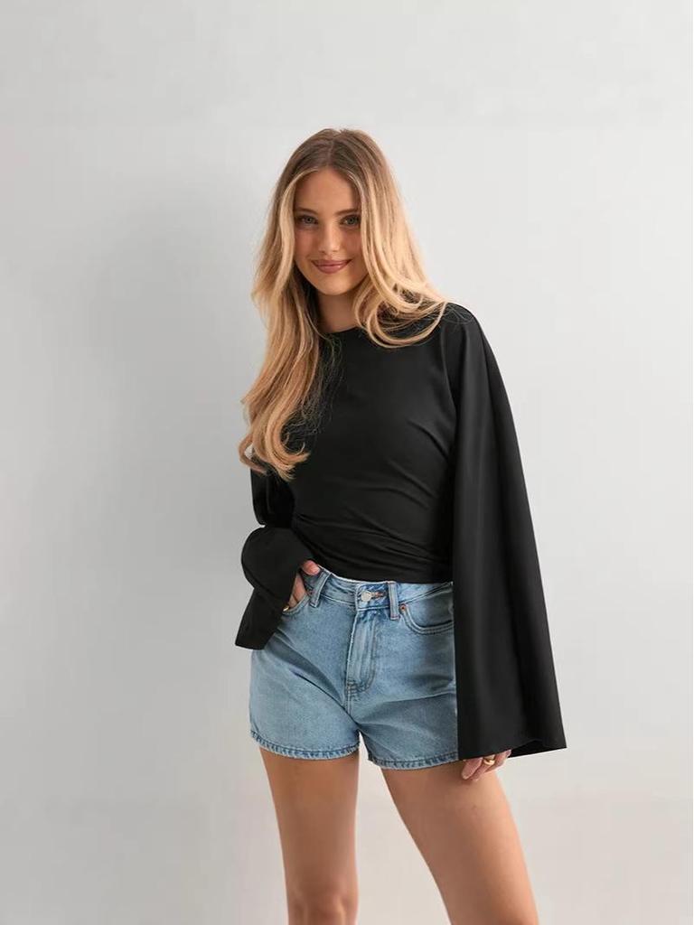 Women's Solid Color Round Neck Long Sleeve Top: European/American Style, Wide Sleeves, Cinched Waist
