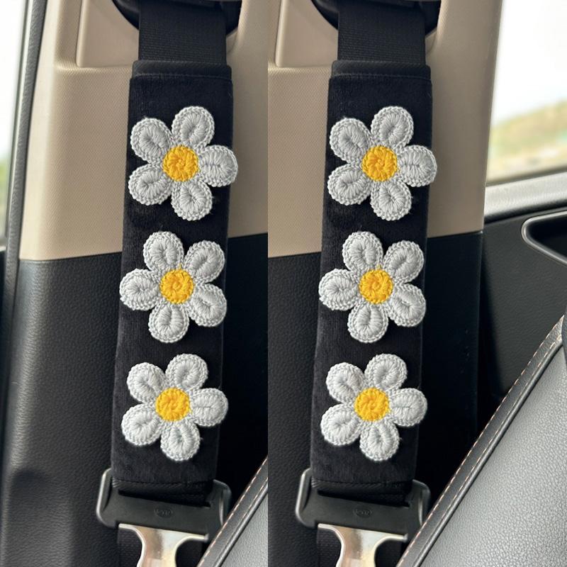 2pc Cute Embroidered Flowers Car Seatbelt Cover Plush Seat Belt Harness Cushion Auto Shoulder Strap Protector Pad for Ladies