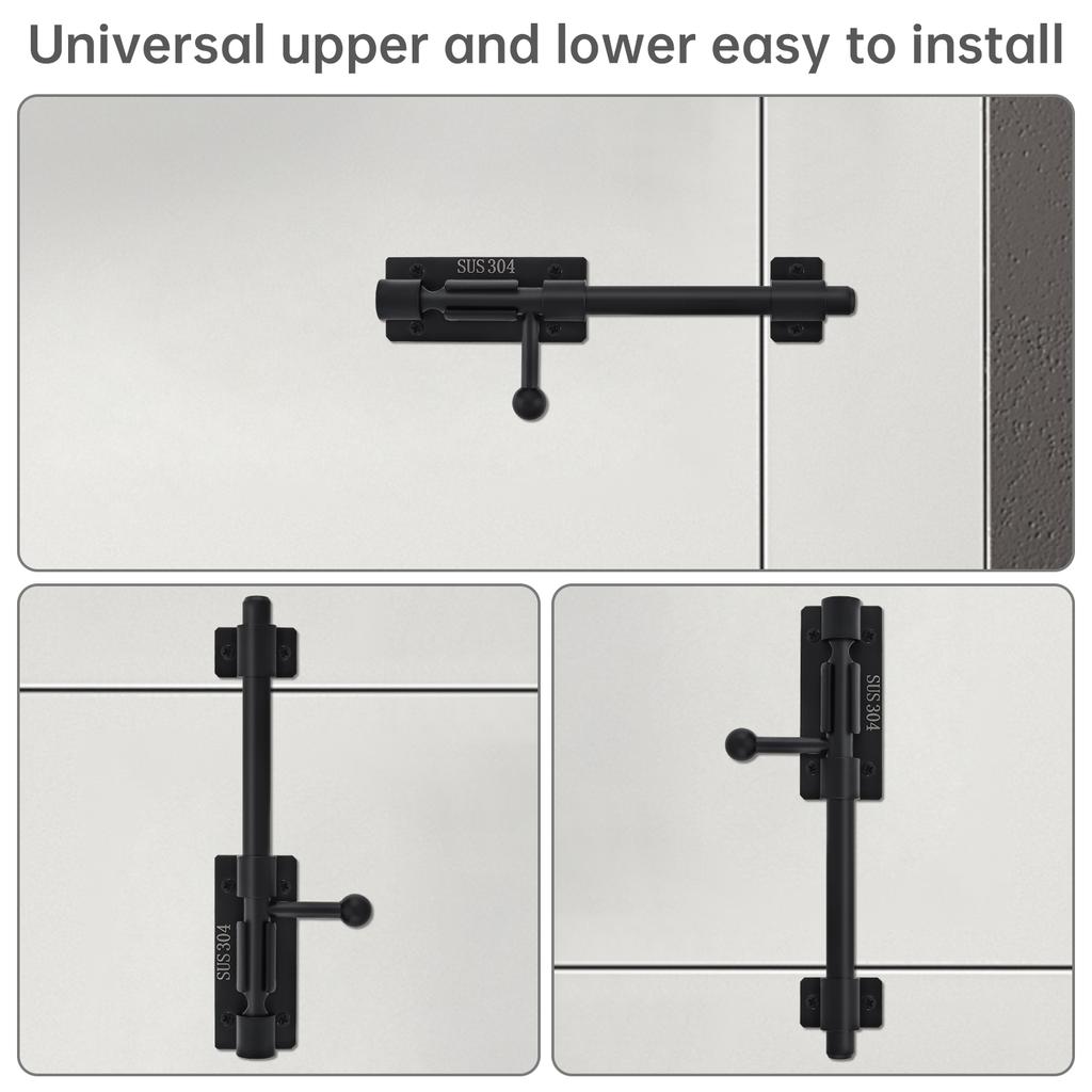 304 Stainless Steel 6-12 Inch Barrel Bolt Latch 10mm Thick Padlock Hole Black Heavy Duty Includes 6 Screws Universal Door Window Cabinet
