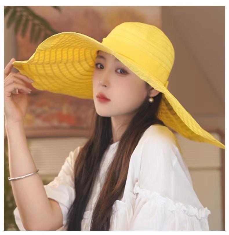 Women's foldable sun hat face protection bucket hat bow big eaves outdoor sun hat adult versatile