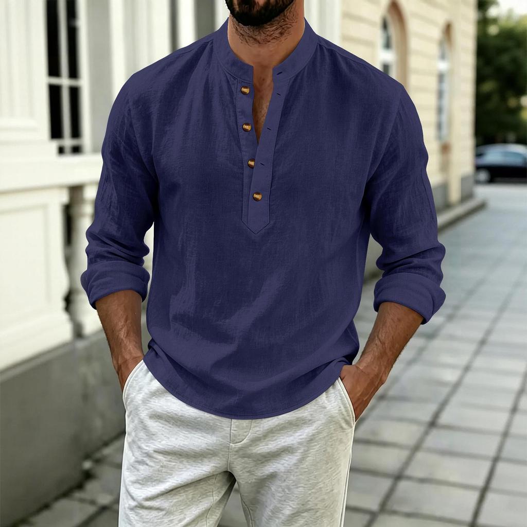 Men's Casual Cotton-Linen Long Sleeve Color Shirt with Stand Collar Loose Fit