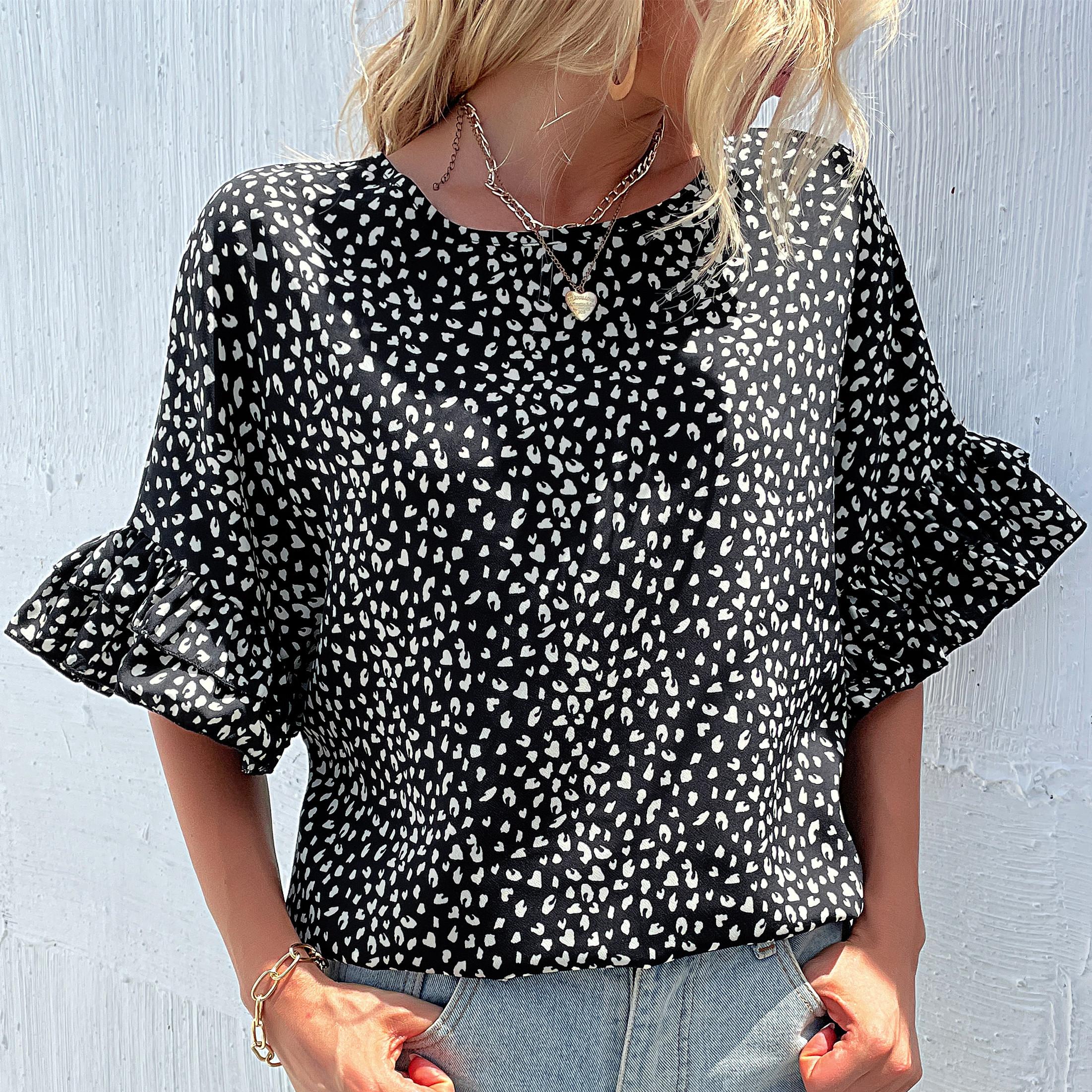 

YYFS женские модные повседневные свободные блузки и рубашки с круглым вырезом и короткими рукавами с леопардовым принтом XL