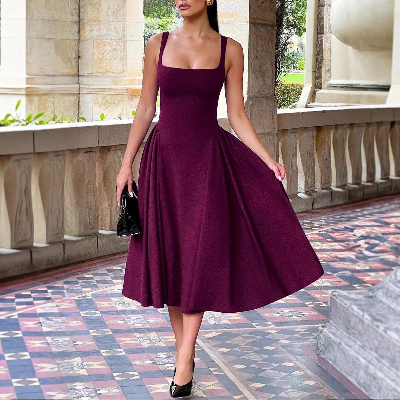 

2025 European & American Women s Solid Color Spaghetti Strap U-Neck Sexy Backless Dress Large вино красного
