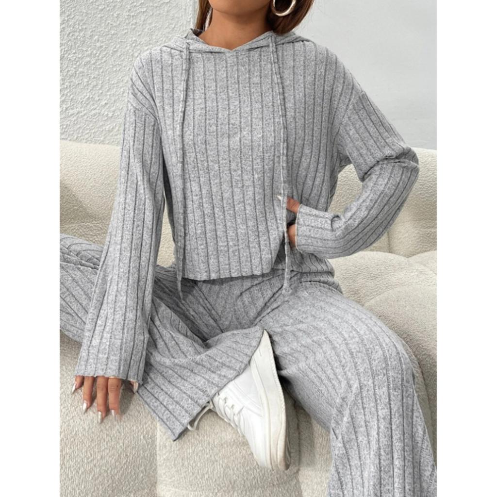 Casual Knitted Long Sleeved Set Women's Hooded Sweatshirt, Loose Pants Two-piece Set