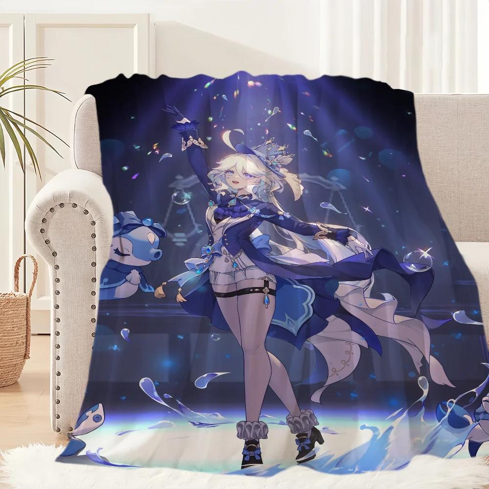 Genshin Impact Furina Flannel Throw Blanket for Couch Home Travel Hiking Picnic Bed Perfect Birthday Gift