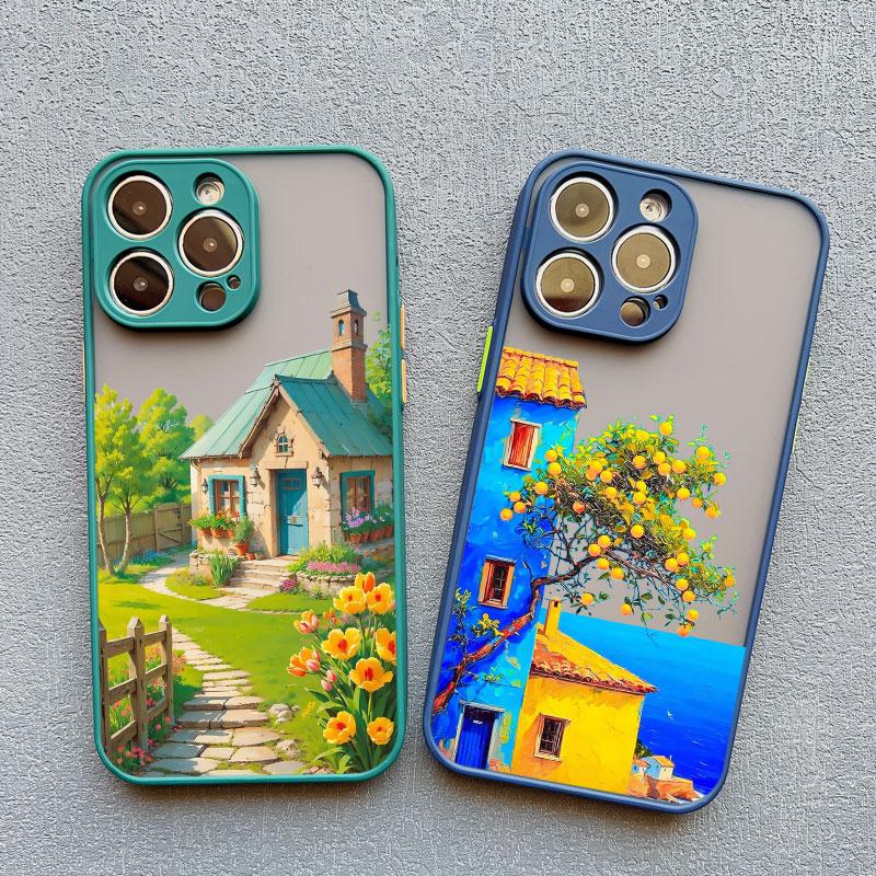 Hand Painted House scenery Phone Case For iPhone 13 12 11 Pro Max Mini 15 14 7 8 Plus Pro Max SE2 X XR XS Shockproof Matte Cover