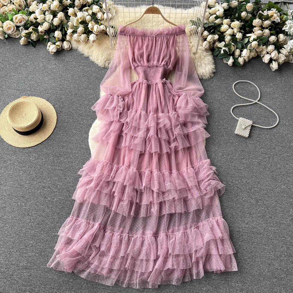French Fashion Mesh Party Long Dress Women Ruffle Long Sleeve Slash Neck Elastic Waist Ladies Summer Elegant A Line Dresses