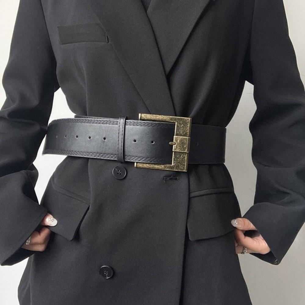 Y2K Metal Buckle Wide Belt Solid Color PU Leather Waistbands Retro Wide Waist Belt  Woman