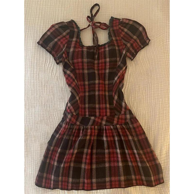 Special-Interest Design Retro Plaid Square Collar Lace up Short Sleeve Dress Women's Summer 2025 New Arrival Tight Waist Slim Looking Skirt