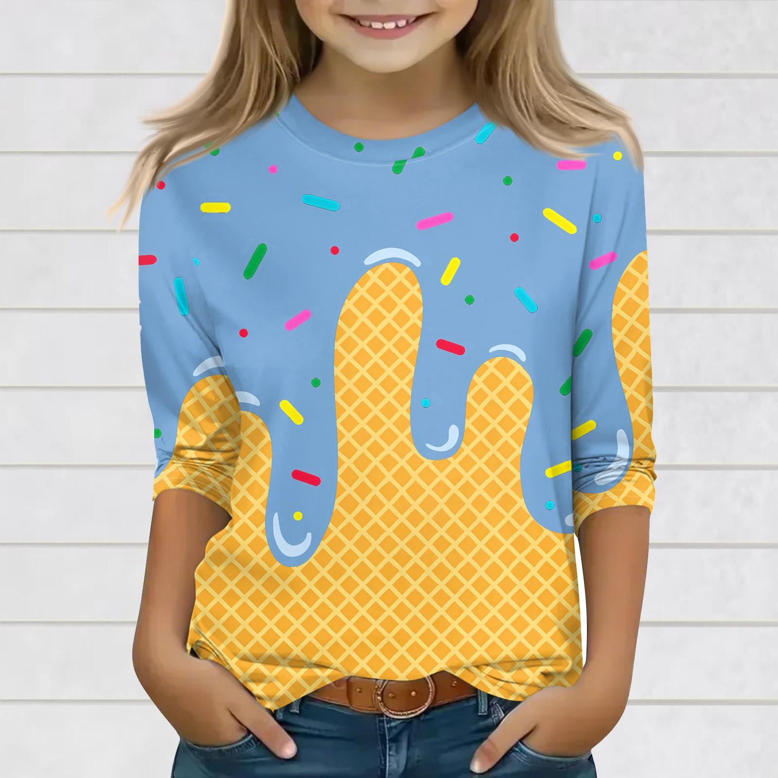 

Print Tops For Youth Girls Round Neck 3/4 Sleeves T-Shirts Trendy Tops Outfit Tees 130 синий