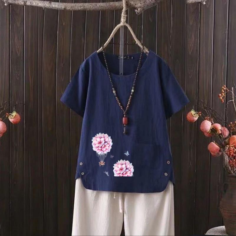 

Футболка из хлопка и конопли с V-образным вырезом и принтом в виде скандинавских цветов для женщин - лето 2025 г., легкая и удобная 4XL темно-синий