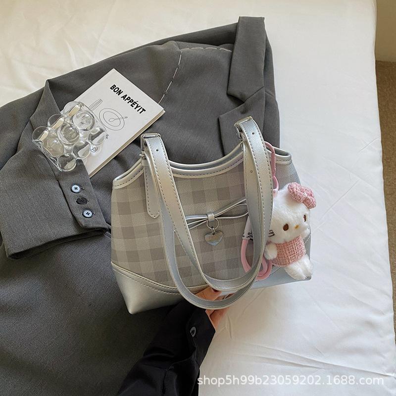 Summer Checkerboard Underarm Bag New with Pendants Korean Version Contrasting Color Women's Commuter Shoulder Bag Tide