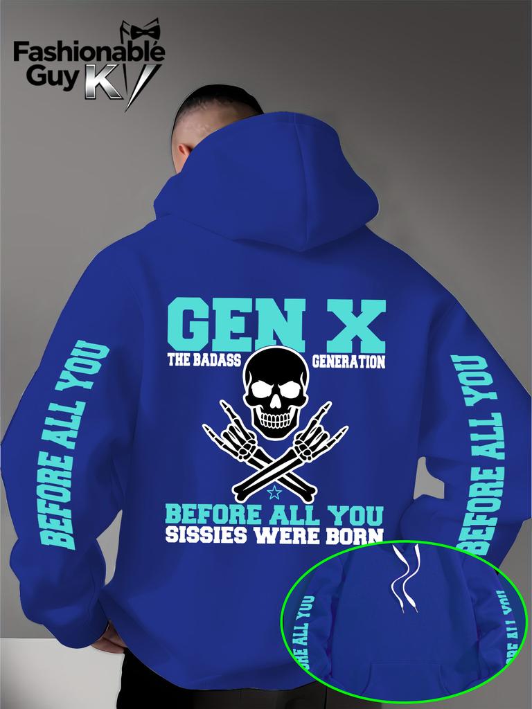 Gen X Totenkopf Knochen Rock Geste Print Herren Hip Hop Sportlicher Hoodie, Seiten Vertikaler Buchstaben Slogan Rückendesign, Locker Punk Street Sweatshirt