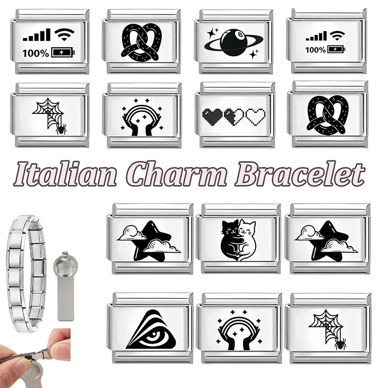 Fashion Cheese Painting Plate Lovely Cat Ball Heart Eyes Laser Engraving Charm Links Fit 9mm Stainless Steel Bracelet DIY Making