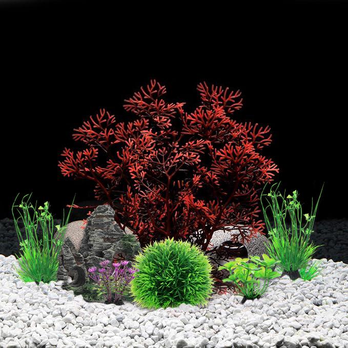 7-teiliges Aquarium-Fischbecken-Dekorationsset mit Kunststoffpflanzen und Höhlenfelsen, 7 Teile, Kleine und Große Künstliche Aquarium-Pflanzen