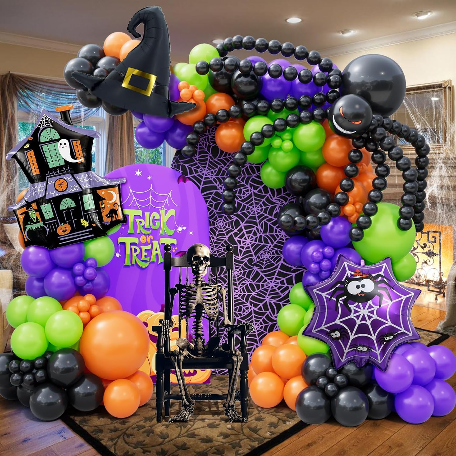 Bonropin 175pcs Halloween Balloon Garland Arch kit with Black Orange Green Purple Balloons Spider Balloons Halloween Foil Balloons for Halloween