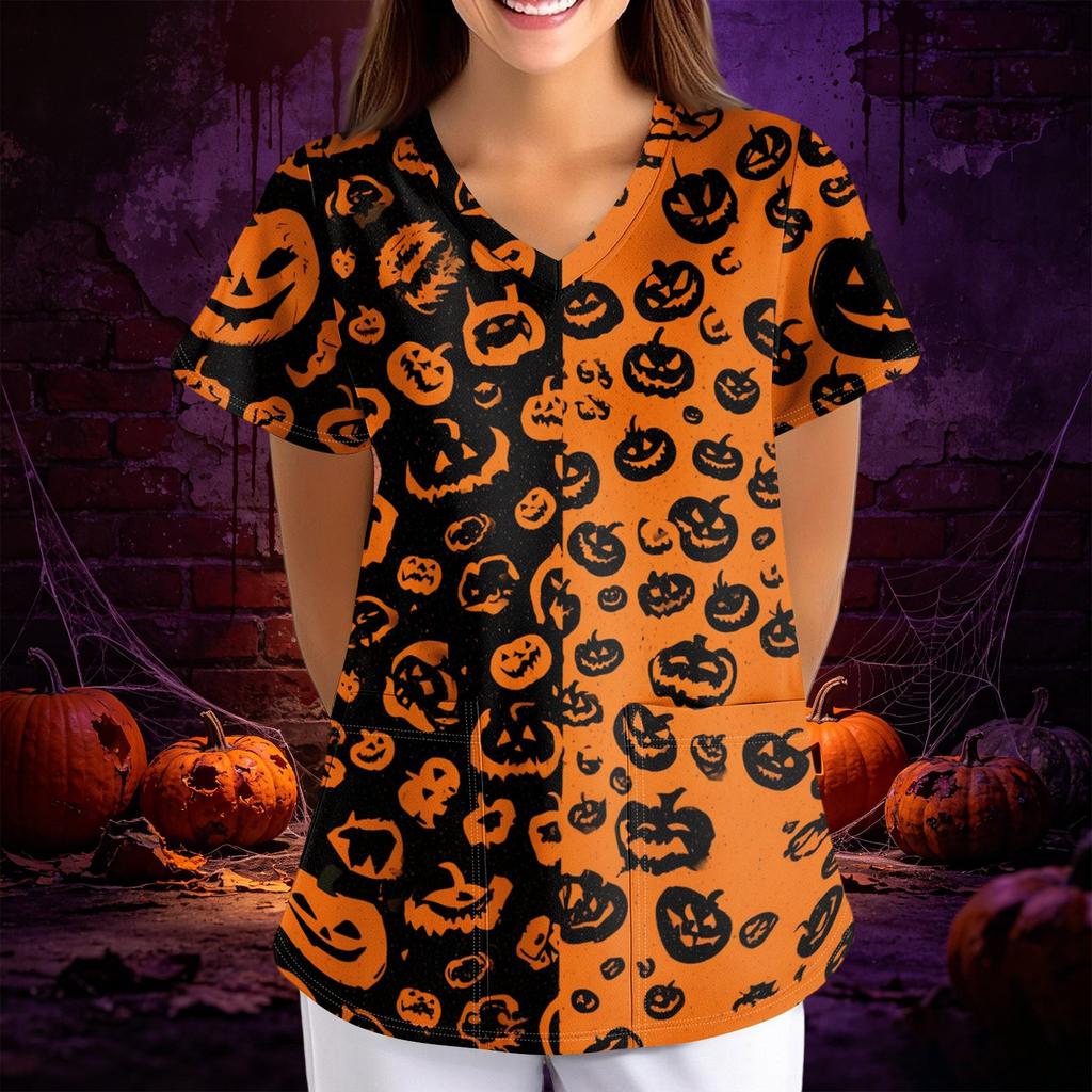 Womens Halloween Print Loose Fit V Neck Pocket Short Sleeve Scrub Top for Nurses and Professionals
