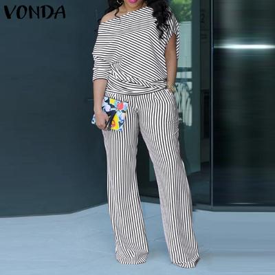 Women Plus Size Off Shoulder 3/4 Sleeve Striped Tops Pants Sets