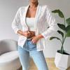 Ladies Long Sleeve Tailored Collar Lace Hollow Out Pure White Cardigan Suit Coat